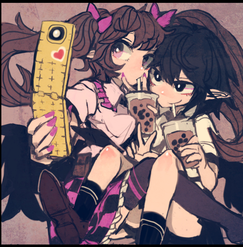 2girls, absurdres, black_eyes, black_wings, breasts, brown_hair, brown_shoes, bubble_tea, cellphone, checkered_clothes, checkered_skirt, collar, cup, feathered_wings, flip_phone, hair_ribbon, highres, himekaidou_hatate, interlocked_legs, maaru_(akira428), multiple_girls, phone, pink_eyes, pointy_ears, pouch, ribbon, selfie, shameimaru_aya, shirt, shoes, short_hair, sitting, skirt, socks, taking_picture, tengu, thighs, touhou, twintails, white_shirt, wings