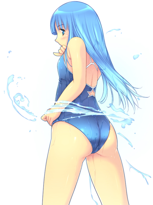 ass, bad_id, blue_eyes, blue_hair, blush, from_behind, long_hair, manchester_city_fc, original, personification, pinky_out, simple_background, solo, star, swimsuit, water, wet, yoko_juusuke