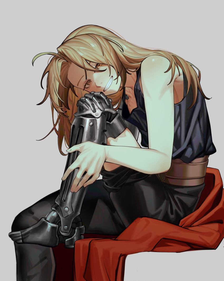 1boy, ahoge, automail, black_pants, blonde_hair, brown_eyes, cloak, commentary_request, dyga2tu4, edward_elric, eyelashes, fullmetal_alchemist, grey_background, grin, hair_between_eyes, highres, invisible_chair, long_hair, looking_at_viewer, male_focus, pants, pants_rolled_up, prosthesis, prosthetic_arm, prosthetic_leg, red_cloak, simple_background, sitting, sleeveless, smile, solo, unworn_cloak