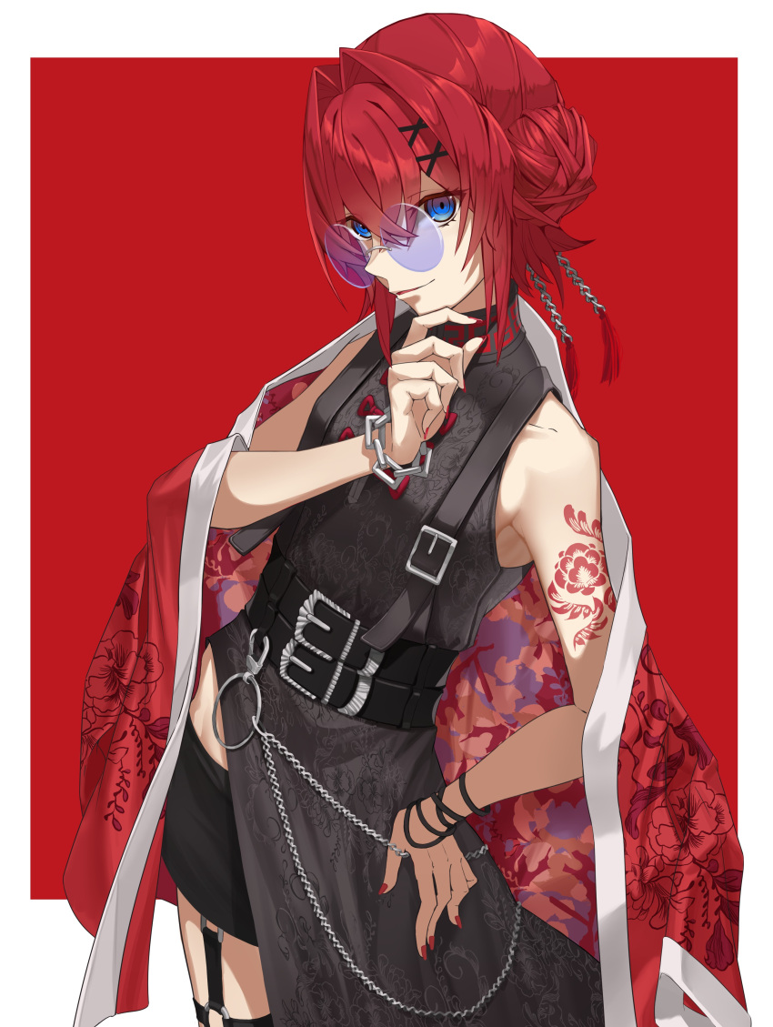 1girl, absurdres, ange_katrina, ange_katrina_(china_dress), arm_tattoo, belt, black_belt, black_dress
