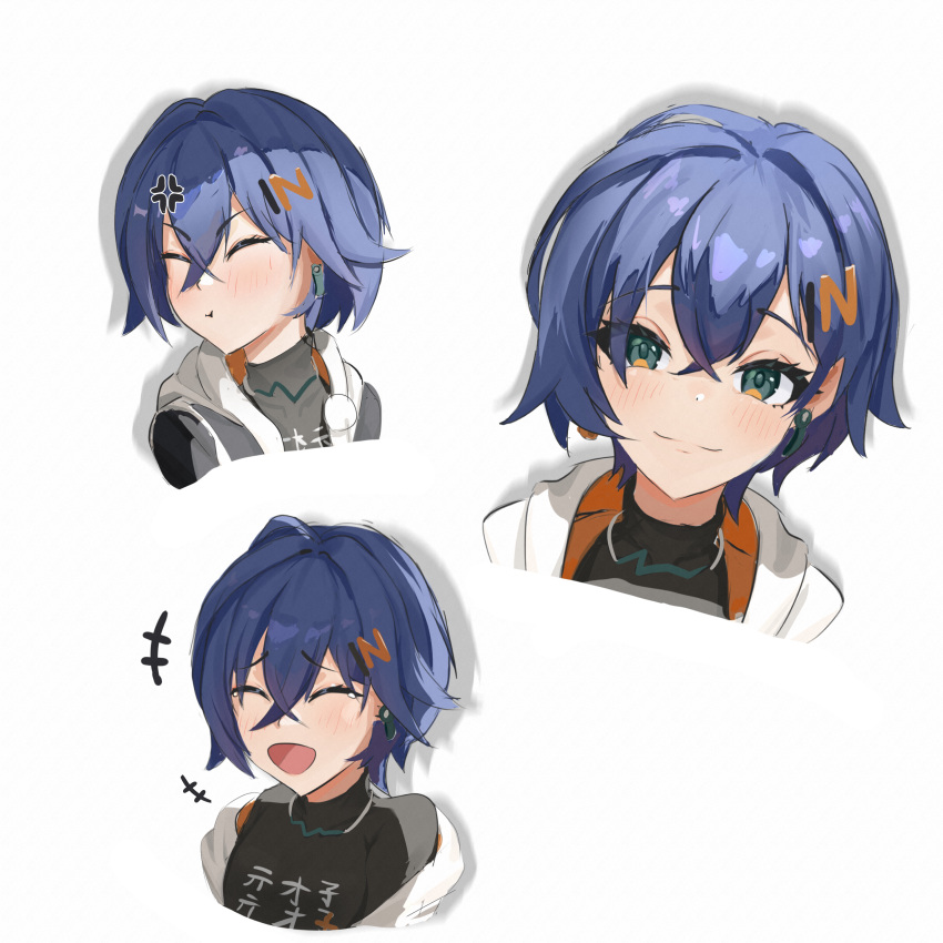 1girl, :t, absurdres, belle_(zenless_zone_zero), black_shirt, blue_hair, blush, chen_kang