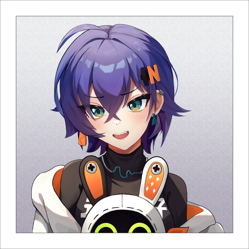 1girl, absurdres, bangboo_(zenless_zone_zero), belle_(zenless_zone_zero), black_shirt, blue_hair, blush, border