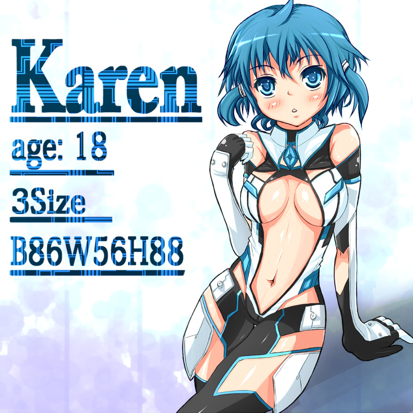 1girl, bad_id, blue_eyes, blue_hair, blush, bodysuit, breasts, character_name