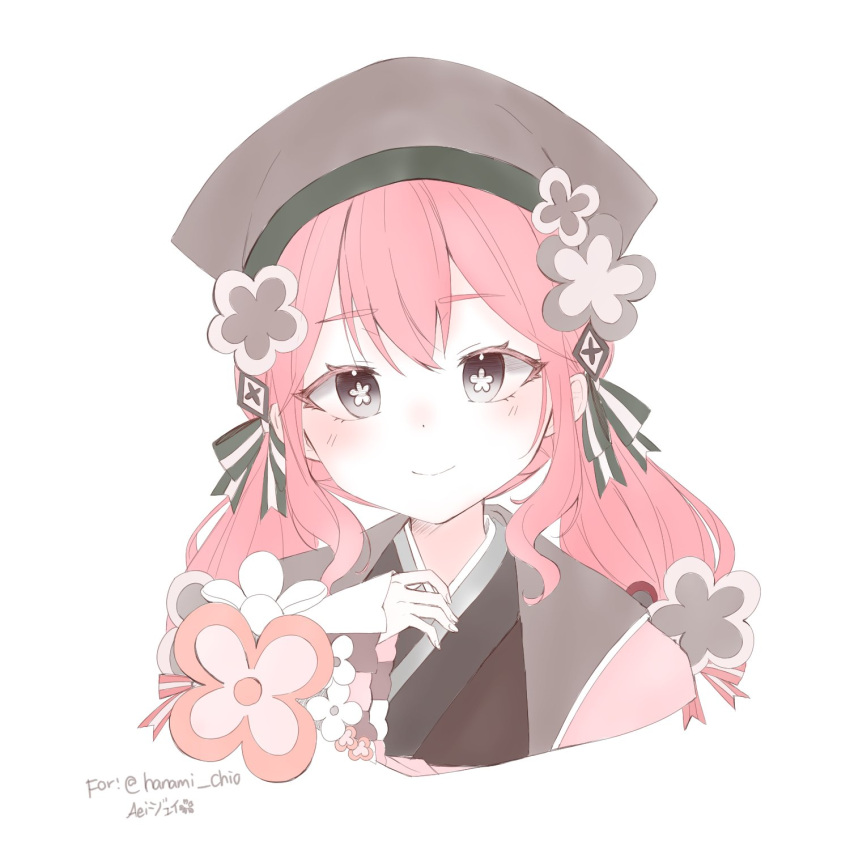 1girl, aei_jiei, artist_name, black_eyes, black_kimono, blush, brown_hat, commentary