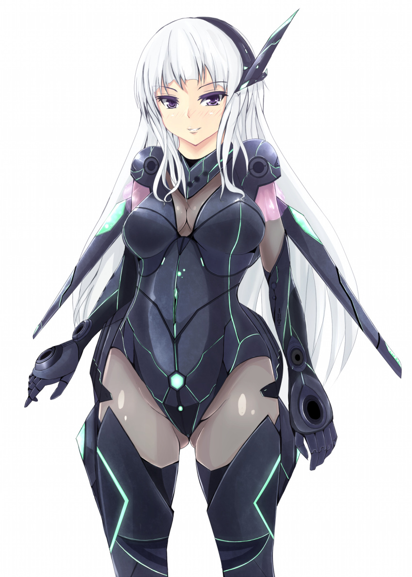 black_gloves, black_legwear, bodysuit, colored_eyelashes, gloves, headgear, highres, long_hair, mecha_musume, original, pantyhose, purple_eyes, robot_ears, smile, solo, sukesan, thigh-highs, thighhighs, thighs, violet_eyes, white_hair