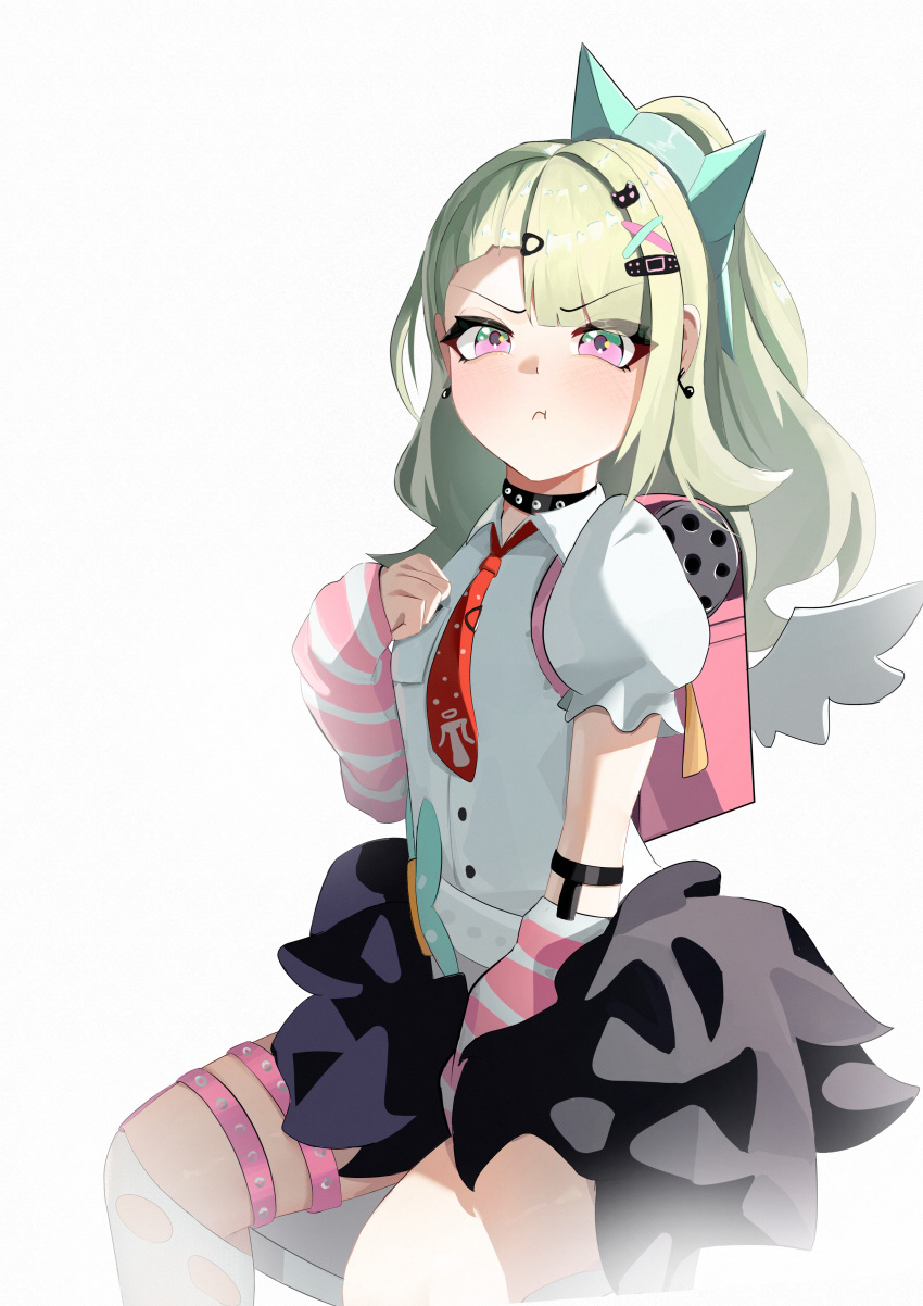 1girl, :t, absurdres, arm_warmers, bag, bandaid, bandaid_hair_ornament, black_skirt