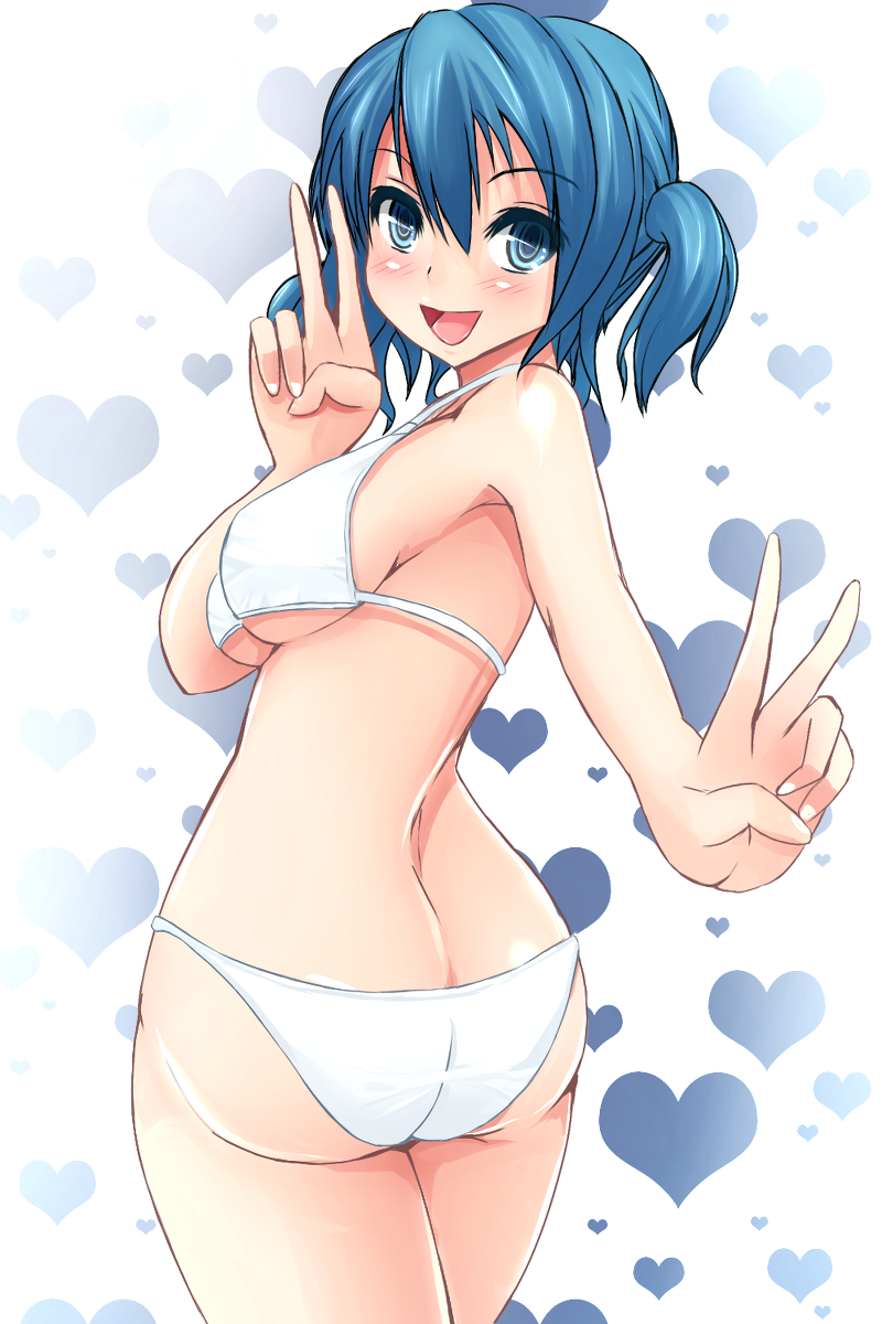 ass, bikini, blue_eyes, blue_hair, blush, breasts, happy, heart