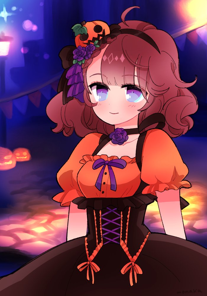1girl, ani_inako, black_hairband, blush, closed_mouth, commentary_request, dame_x_prince, dress, hair_ornament, hairband, halloween, jack-o'-lantern, jack-o'-lantern_hair_ornament, looking_at_viewer, monapct, puffy_short_sleeves, puffy_sleeves, short_sleeves, smile, solo
