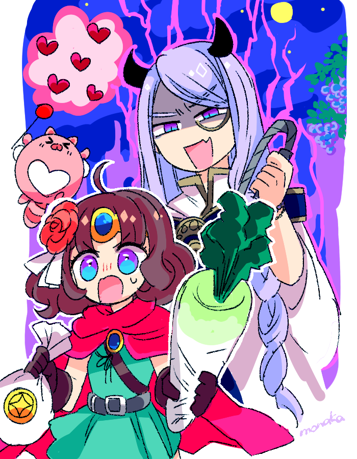 >_<, 1boy, 1girl, ani_inako, belt, black_belt, black_horns, blue_dress