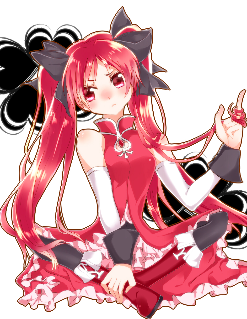 :/, alternate_hairstyle, black_legwear, boots, bow, dress, hair_ribbon, highres
