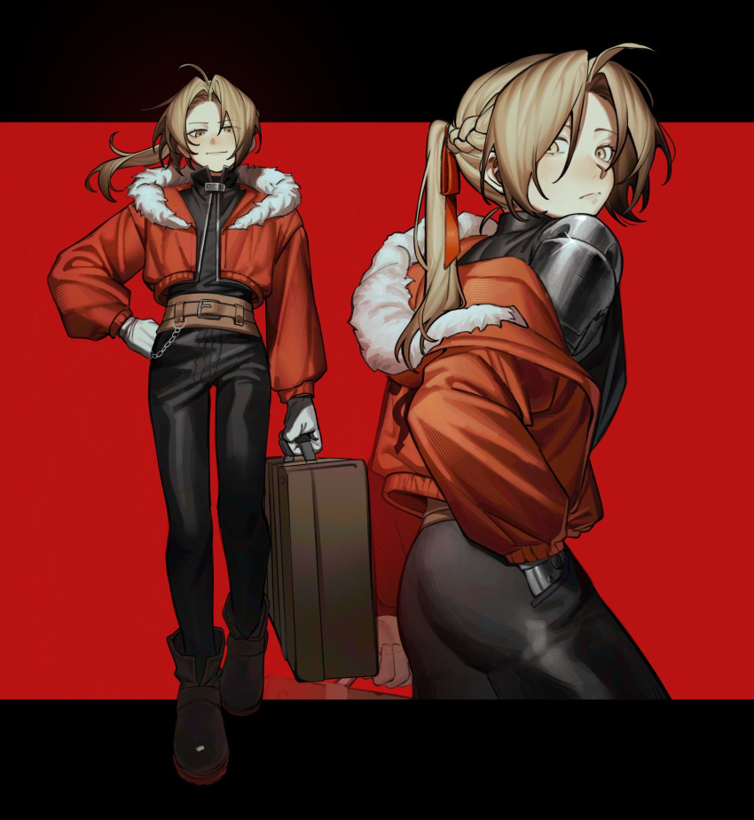 1boy, ahoge, ass, black_boots, black_pants, boots, briefcase, brown_hair