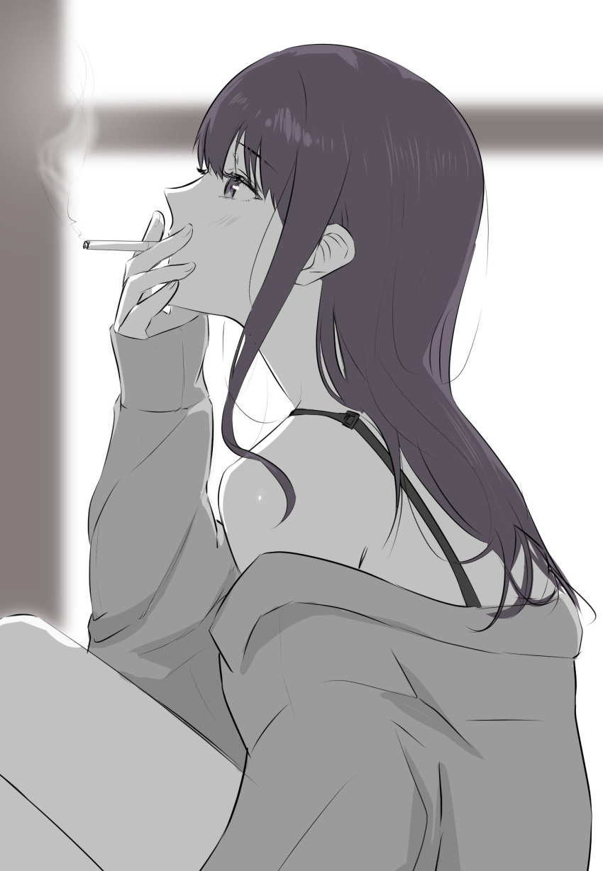 1girl, blurry, blurry_background, blush, bra_strap, cigarette, commentary_request, greyscale