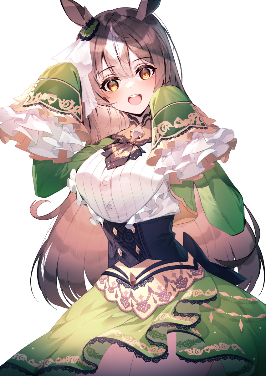 1girl, :d, absurdres, animal_ears, ascot, brown_ascot, brown_hair, commentary_request