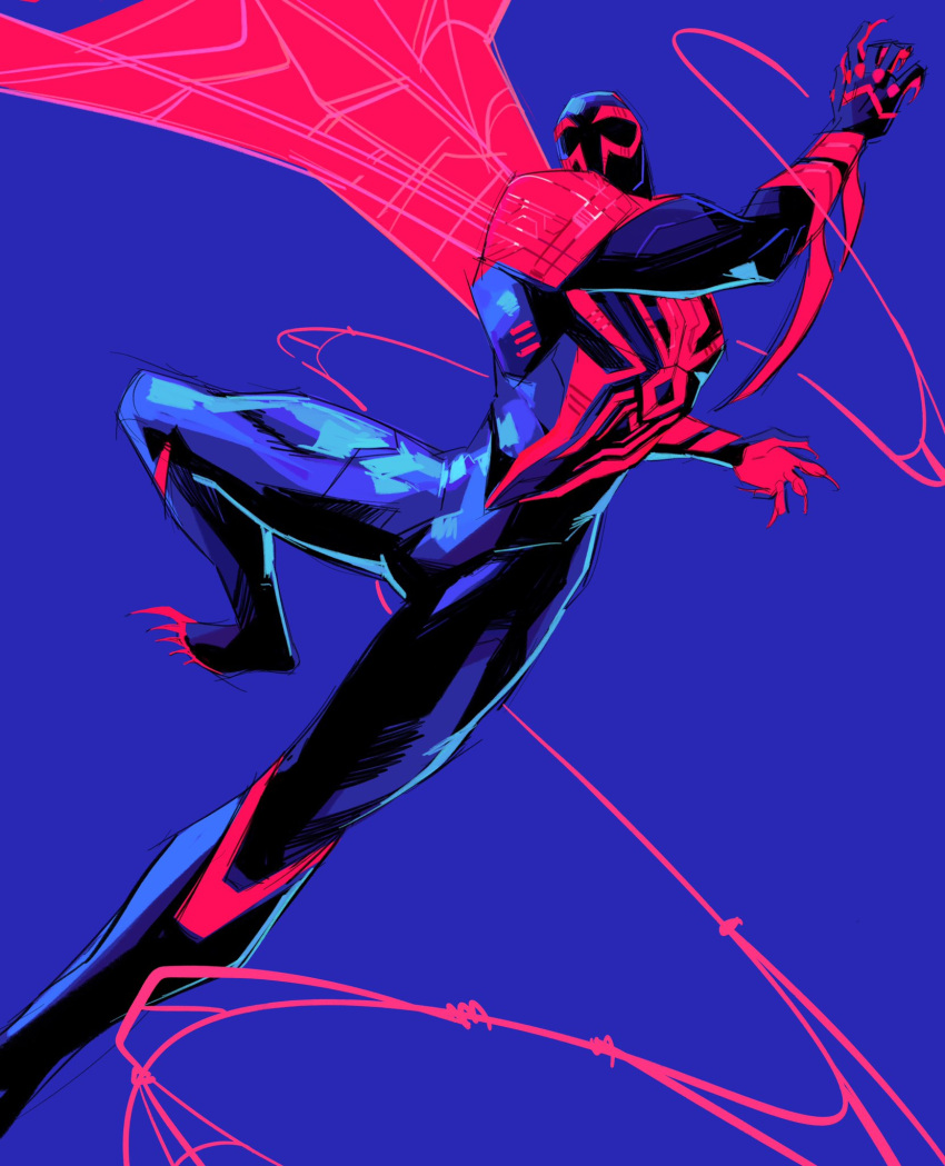 1boy, animal_print, arm_spikes, blue_background, blue_bodysuit, bodysuit, cape, clawed_feet