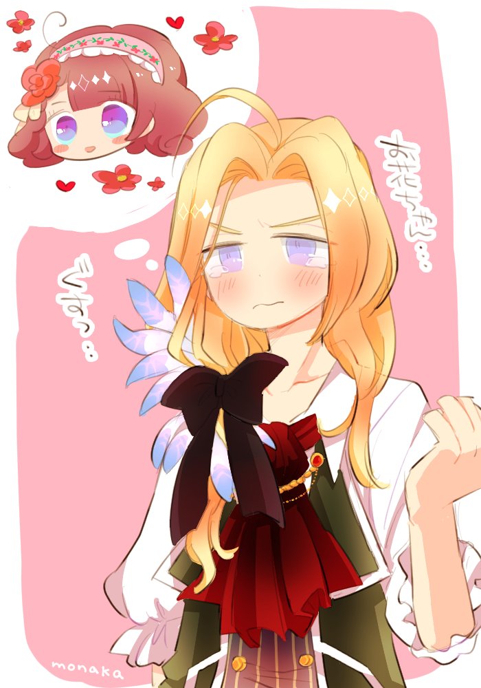 1boy, 1girl, ani_inako, ascot, black_bow, blonde_hair, blush_stickers, bow, commentary_request, dame_x_prince, hetero, long_hair, monapct, nervous, red_ascot, shirt, speech_bubble, tears, thought_bubble, translation_request, vino_von_lomzard, violet_eyes, white_shirt