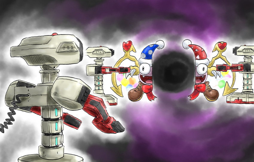 black_hole, bow, bowtie, brown_shoes, cable, family_computer_robot, fangs, hat