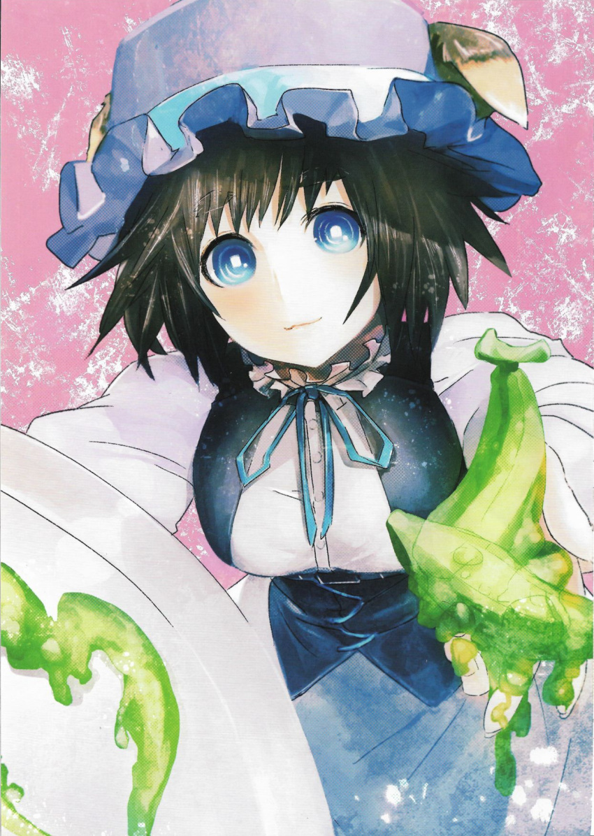 1girl, banana, black_hair, blue_eyes, blue_ribbon, breasts, enmaided, food