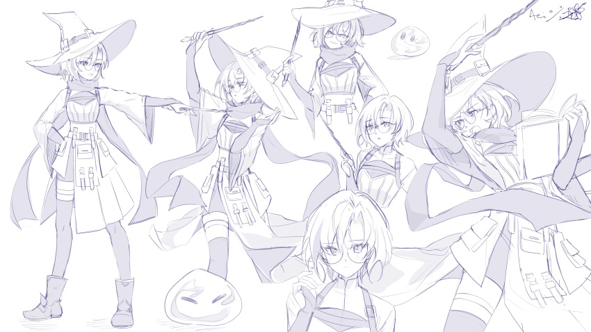 1girl, :d, absurdres, aei_jiei, artist_name, blush, boots, chest_strap, commentary, commission, english_commentary, full_body, glasses, greyscale, hair_between_eyes, hat, hat_belt, highres, holding, holding_wand, jacket, large_hat, long_sleeves, looking_at_viewer, medium_hair, monochrome, multiple_views, open_mouth, original, protected_link, scarf, sidelocks, signature, sketch, skirt, slime_(creature), smile, standing, teeth, thigh-highs, upper_body, upper_teeth_only, wand, white_background, witch_hat