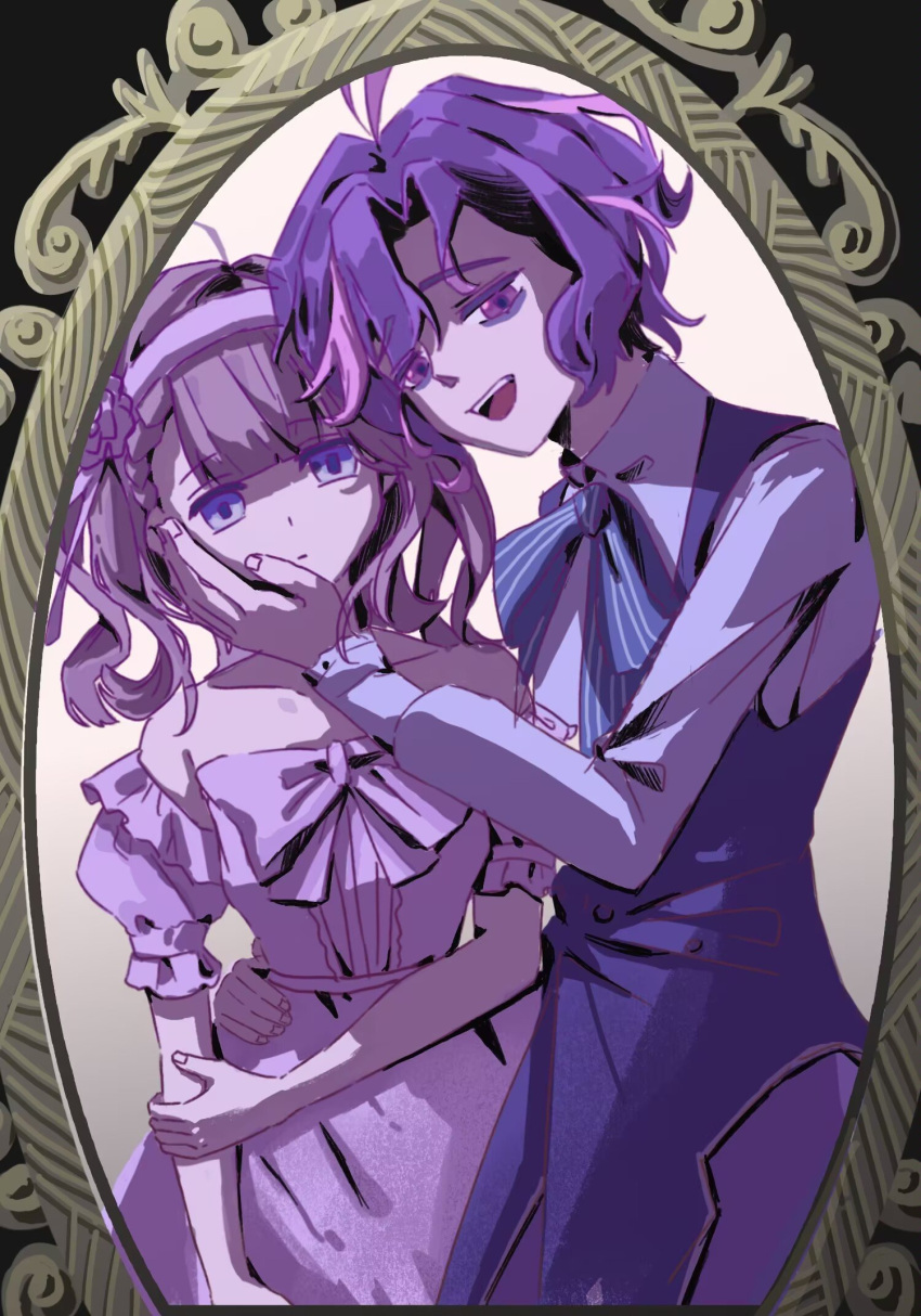 1boy, 1girl, ani_inako, bow, commentary_request, dame_x_prince, empty_eyes, hairband, hand_on_another's_face, highres, jue_ai, mare_selen_el_phiriazar, mirror, open_mouth, purple_hair, shirt, short_hair, striped_bow, vest, violet_eyes, white_shirt
