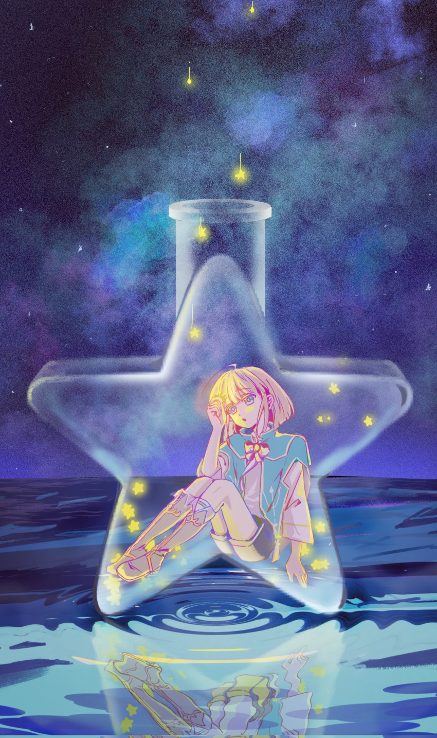 ahoge, androgynous, blonde_hair, blue_eyes, boots, bow, commentary_request, dame_x_prince, full_body, highres, in_container, jue_ai, night, parted_lips, reflection, ripples, ruze_selen_el_phiriazar, shirt, short_hair, shorts, solo, star_(symbol), white_shirt
