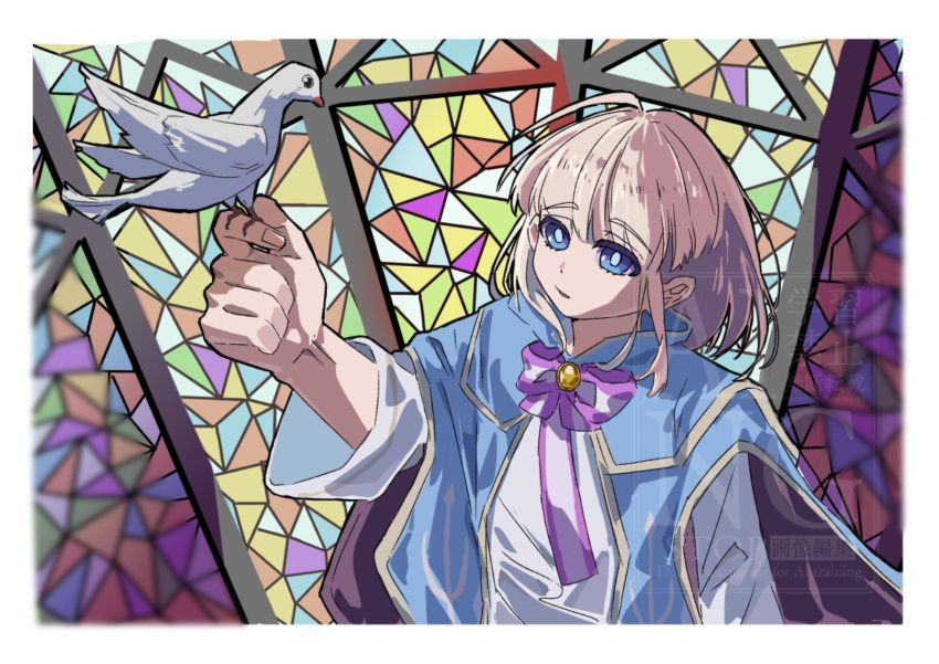 1boy, androgynous, animal, arm_up, bird, bird_on_hand, blonde_hair, blue_eyes