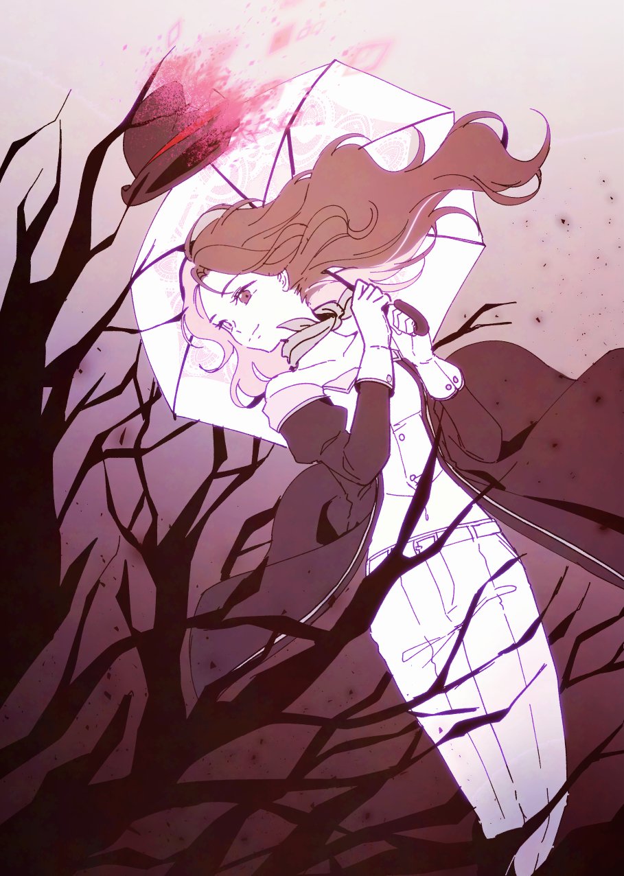 1girl, bare_shoulders, black_hat, branch, brown_eyes, brown_hair, commentary, gguck