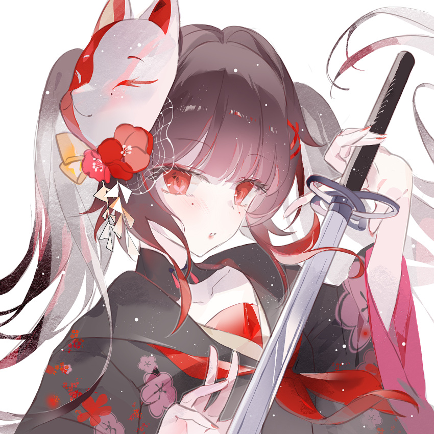 1girl, black_kimono, black_sleeves, blunt_bangs, blush, cherry_blossom_print, collarbone, fingernails