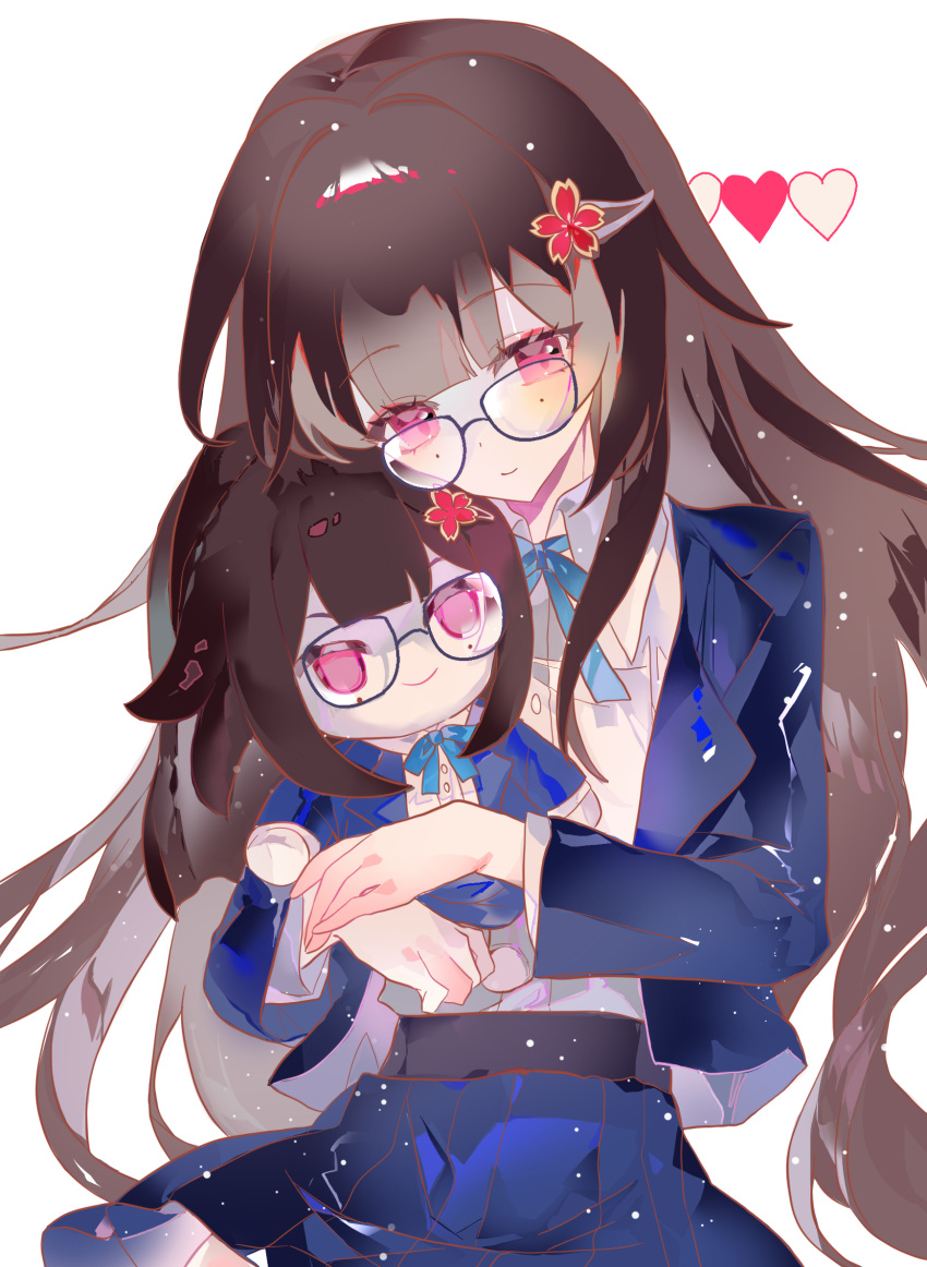 1girl, black_hair, blue_jacket, blue_ribbon, blunt_bangs, character_doll, chinese_commentary, collared_shirt