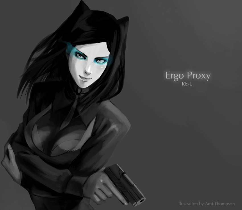 black_hair, blue_eyes, ergo_proxy, eyeshadow, gun, highres, makeup, real_mayer, weapon