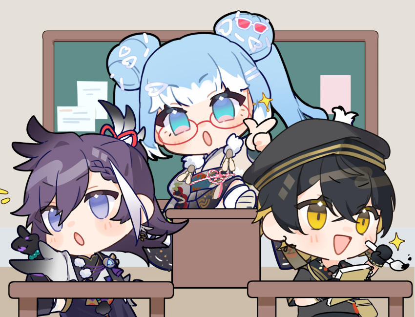 1girl, 2boys, :d, :o, banzoin_hakka, banzoin_hakka_(1st_costume), black_hair, black_hands, black_hat, blonde_hair, blue_hair, blush, blush_stickers, braid, braided_bangs, bulletin_board, calligraphy_brush, chibi, chibi_only, classroom, colored_extremities, desk, double_bun, feather_hair_ornament, feathers, foot_on_table, fur_scarf, glasses, hair_bun, hair_ornament, hair_ribbon, hairclip, hat, highres, holding, holding_brush, holding_notepad, hololive, hololive_indonesia, holostars, holostars_english, indoors, japanese_clothes, kimono, kobo_kanaeru, kobo_kanaeru_(new_year), kouhaku_nawa, kurogareki, long_hair, multicolored_hair, multiple_boys, notepad, notice_lines, official_alternate_costume, open_mouth, paintbrush, pointing, ponytail, purple_hair, purple_nails, red-framed_eyewear, red_ribbon, ribbon, rope, round_eyewear, sailor_hat, school_desk, shimenawa, single_hair_streak, smile, sparkle, virtual_youtuber, white_hair, yatogami_fuma, yatogami_fuma_(2nd_costume), yellow_eyes