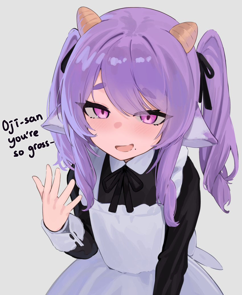 1girl, animal_ears, apron, black_dress, black_ribbon, cow_ears, cow_girl, cow_horns