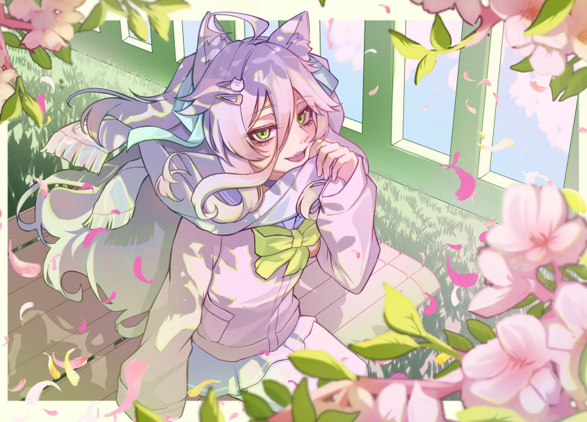 1girl, ahoge, animal_ears, bench, bow, cat_ears, commentary, dradra_tw