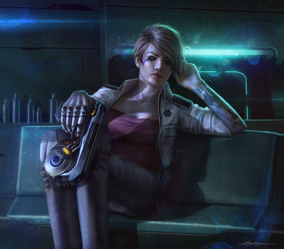 1girl, aqua_background, arm_tattoo, asymmetrical_bangs, asymmetrical_hair, ben_savory, blue_eyes, bottle, breasts, brown_hair, collarbone, collared_jacket, commentary, commission, couch, cyborg, damillia_seraph_(theburning1), dark, dust_514, earrings, energy_gun, english_commentary, eve_online, face_piercing, facial_tattoo, feet_out_of_frame, gallente_federation_(eve_online), glowing, grey_pants, gun, hand_up, handgun, hexagon, hexagon_print, holding, holding_gun, holding_weapon, honeycomb_(pattern), honeycomb_print, indoors, ion_pistol_(dust_514), jacket, jewelry, lip_piercing, lip_ring, lips, looking_at_viewer, makeup, mechanical_arms, medium_breasts, nose, on_couch, open_clothes, open_jacket, original, pants, parted_lips, piercing, prosthesis, prosthetic_arm, realistic, science_fiction, short_hair, signature, single_mechanical_arm, sitting, solo, tattoo, weapon, white_jacket