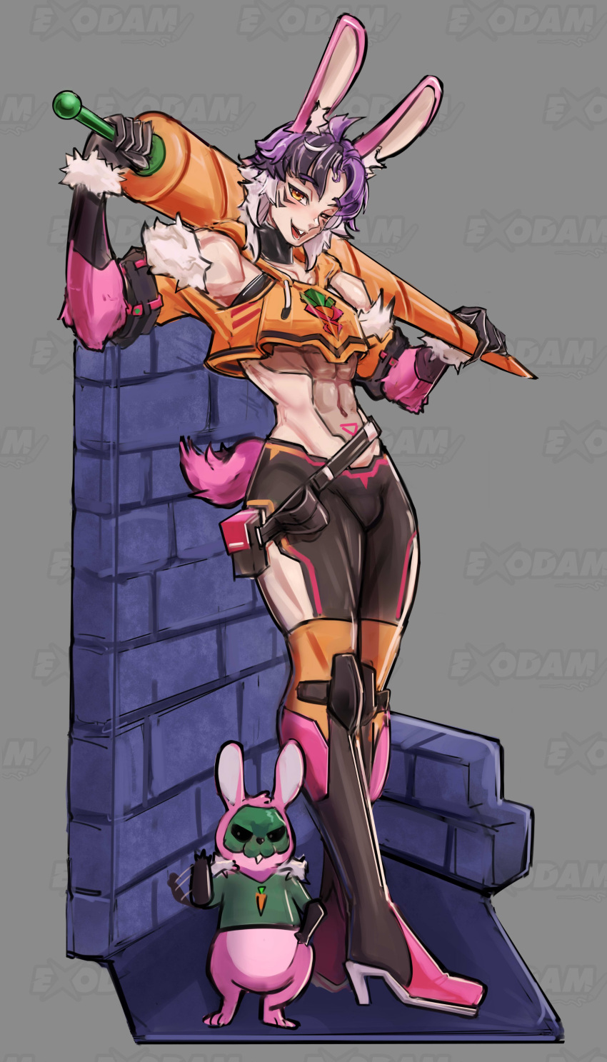 1boy, absurdres, ahoge, animal_ears, belt, black_hair, brick_wall, carrot
