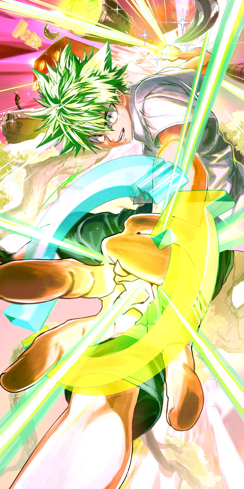1other, 2boys, absurdres, arrow_(symbol), black_shorts, commentary, feet_out_of_frame, fighting_stance, foreshortening, glowing, glowing_hand, green_eyes, green_hair, hair_between_eyes, highres, holding, kobayashi_(ueki_no_housoku), looking_ahead, male_focus, multiple_boys, open_mouth, ossan_zabi_190, outstretched_arm, purple_background, shirt, short_hair, short_sleeves, shorts, signature, sparkle, spiky_hair, teeth, tenko_(ueki_no_housoku), ueki_kosuke, ueki_no_housoku, untranslatable_commentary, white_shirt