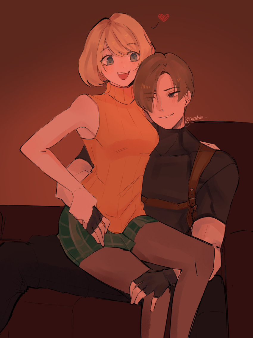 1boy, 1girl, :d, artist_name, ashley_graham, black_gloves, black_shirt, blonde_hair
