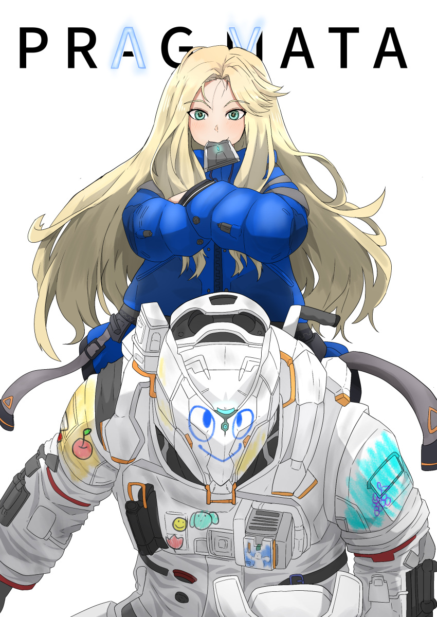 1boy, 1girl, absurdres, aqua_eyes, blonde_hair, blue_coat, coat, commentary_request, copyright_name, crayon_drawing, crossed_arms, diana_(pragmata), helmet, highres, hugh_williams, koshian_mochi, long_hair, long_sleeves, looking_at_viewer, mouth_hold, padded_coat, pragmata, puffy_coat, puffy_long_sleeves, puffy_sleeves, simple_background, space_helmet, spacesuit, standing, very_long_hair, white_background