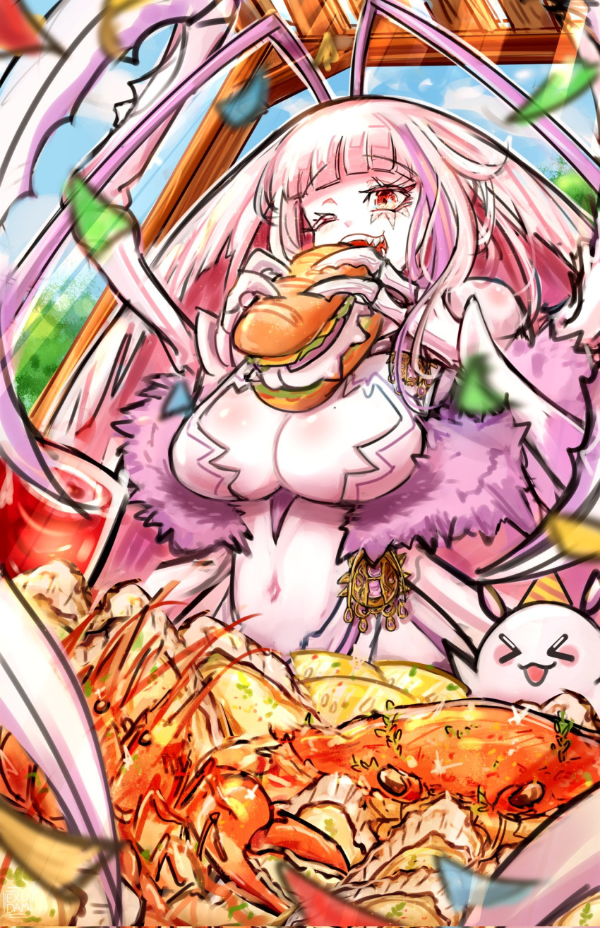 1girl, antennae, arthropod_girl, arthropod_limbs, blue_sky, blunt_bangs, breasts, cleavage_cutout