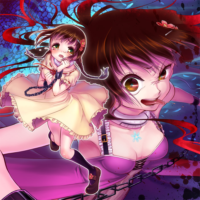 armpits, blood, bow, braid, braids, breasts, brown_eyes, brown_hair, chain, chains, cleavage, collar, cuffs, dark_persona, deadman_wonderland, dress, dual_persona, flower, hair, hair_ornament, hairclip, handcuffs, kneehighs, minami_(apricot_tea), piercing, ponytail, ribbon, saliva, shackels, takami_minatsuki, tears, tongue, tongue_piercing