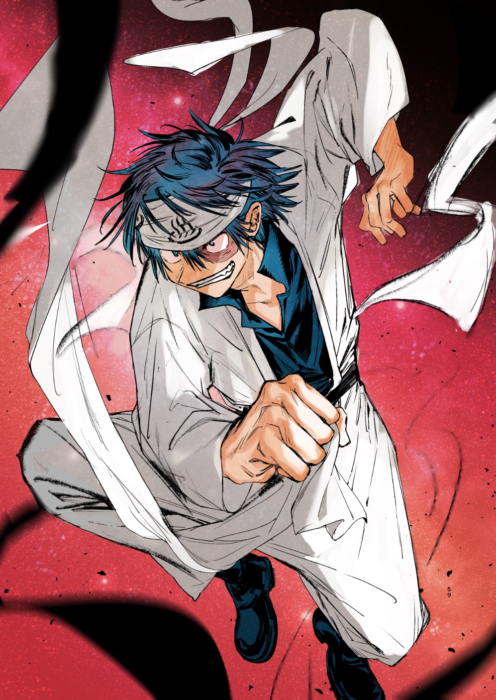 1boy, black_shoes, blue_eyes, blue_hair, blue_shirt, burn_scar, commentary_request, fighting_stance, full_body, grin, hair_between_eyes, headband, highres, japanese_clothes, kimono, long_sleeves, looking_ahead, male_focus, onsen_symbol, red_background, sano_seiichirou, scar, scar_on_face, shirt, shoes, short_hair, smile, solo, towel, ueki_no_housoku, usiro336, white_headband, white_kimono