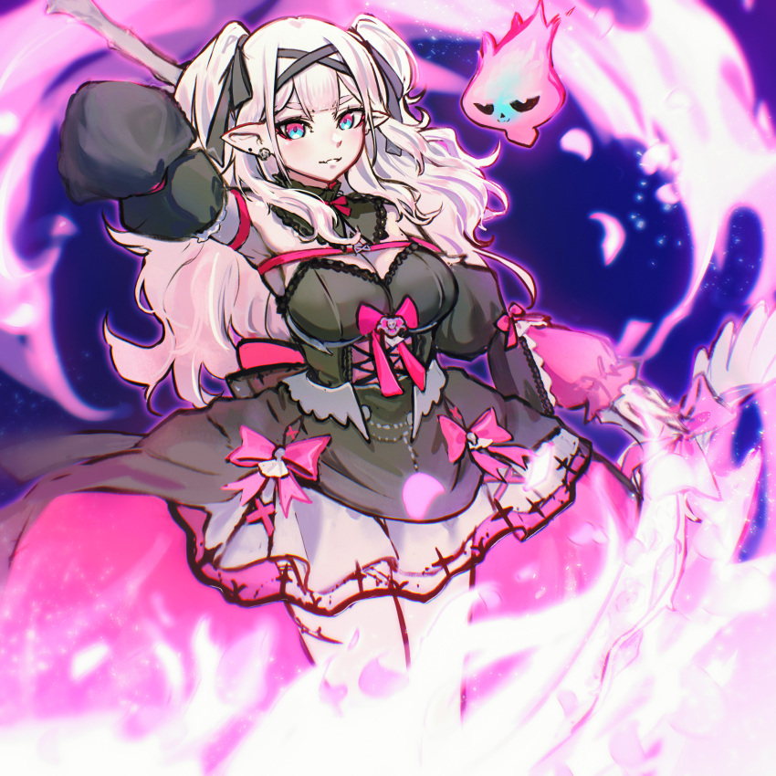 absurdres, beastiez, black_dress, black_ribbon, blue_background, blue_eyes, bow, commentary