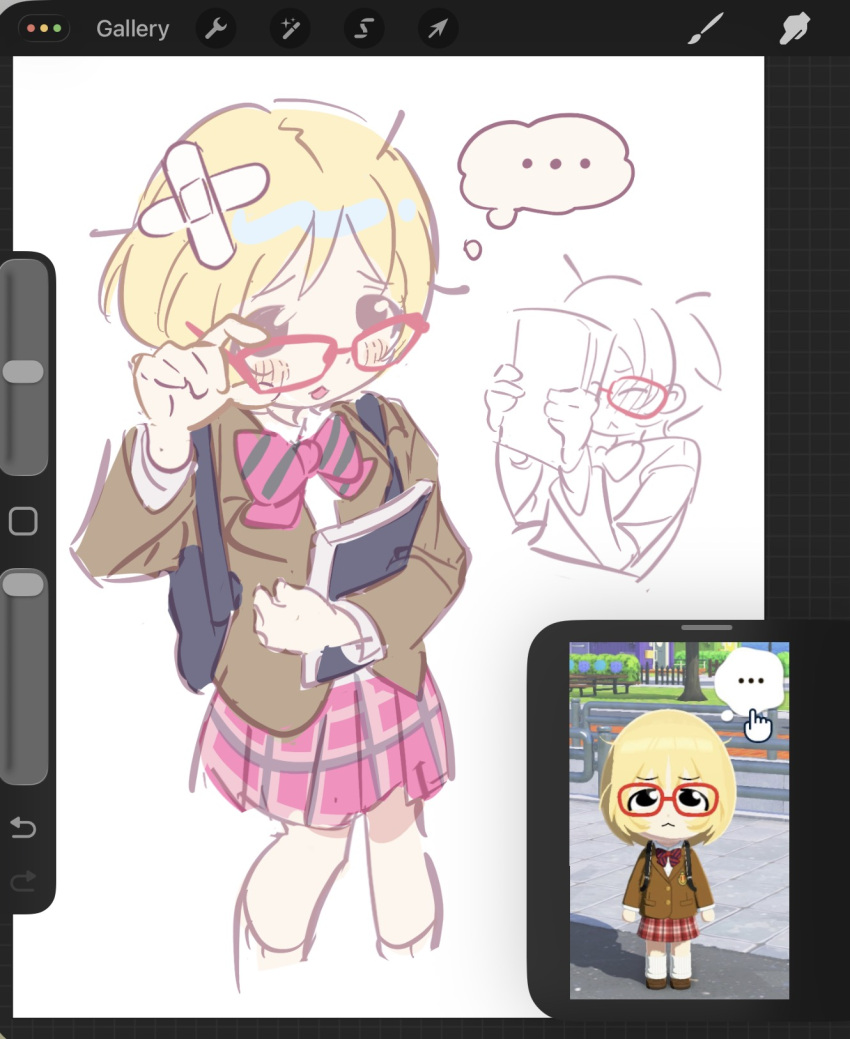 ..., 1girl, bag, blonde_hair, bow, cellphone, cola_(kibyland), glasses