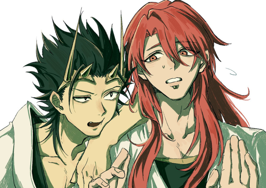2boys, black_eyes, black_hair, commentary_request, face_piercing, fangs, forehead_protector, labret_piercing