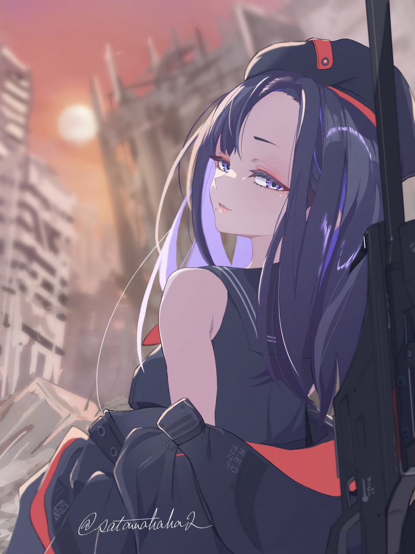 1girl, absurdres, beret, black_hair, black_serafuku, commentary_request, eunhwa_(nikke), eunhwa_(tactical_upgrade)_(nikke)