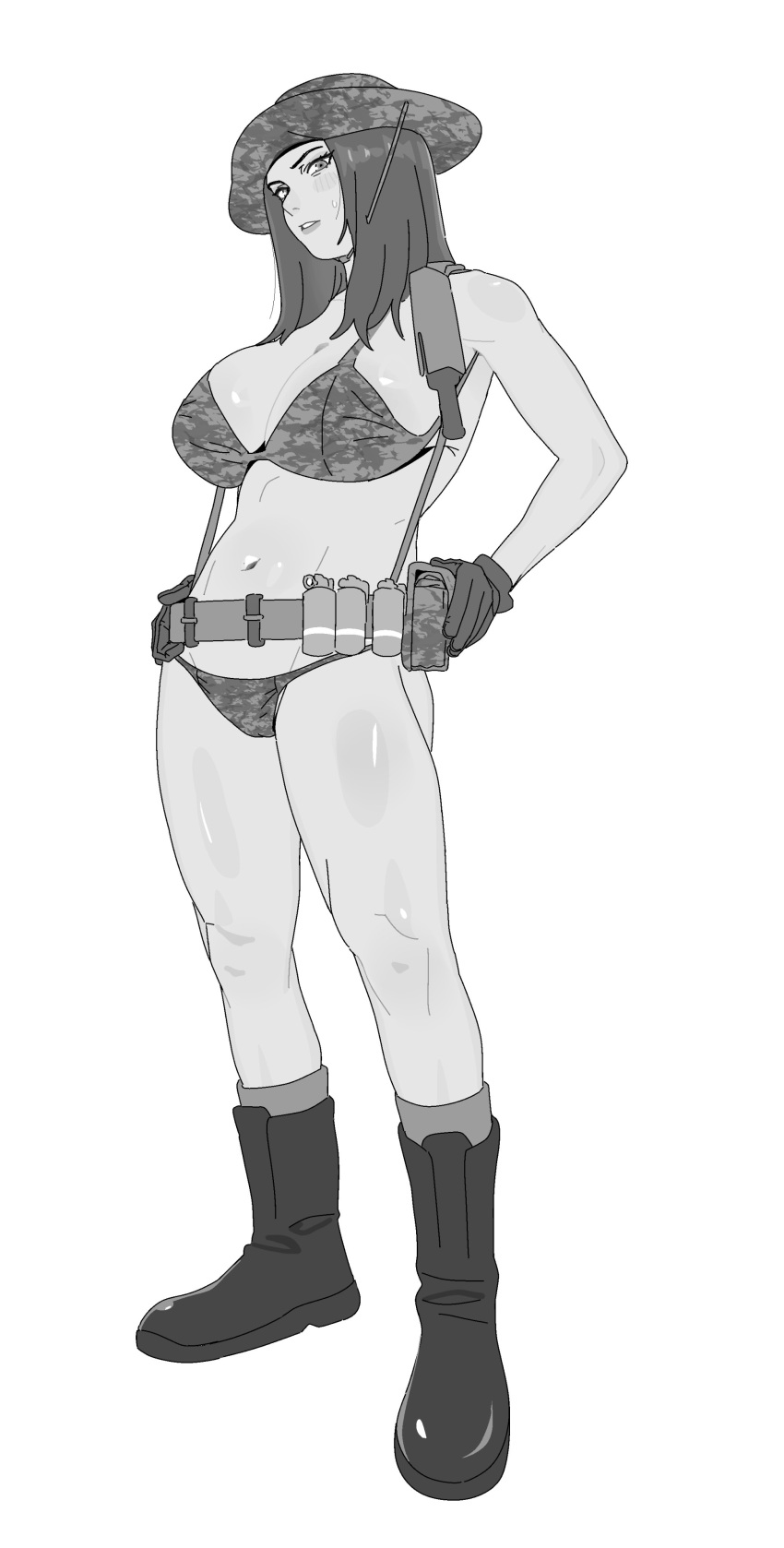 1girl, absurdres, belt, bikini, boots, breasts, camouflage, camouflage_bikini, camouflage_hat, combat_knife, explosive, full_body, gloves, grenade, greyscale, highres, knife, large_breasts, load_bearing_vest, long_hair, mochui, monochrome, navel, original, sheath, sheathed, socks, solo, swimsuit, weapon, white_background