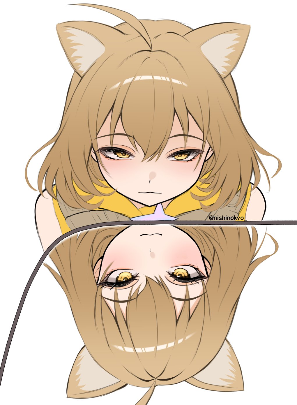 1girl, :3, ahoge, animal_ears, anis_(nikke), anis_(star)_(nikke), blush, brown_hair
