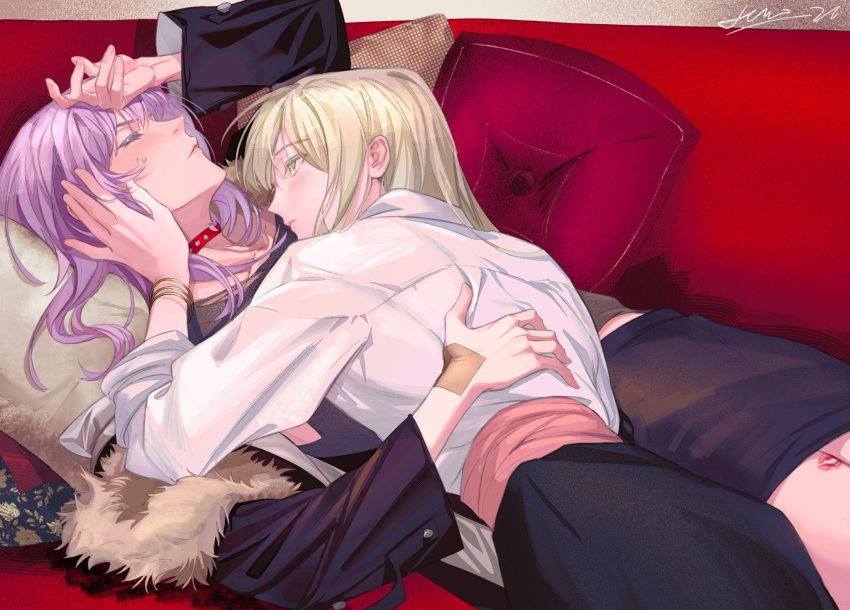 2girls, bang_dream!, bang_dream!_it's_mygo!!!!!, black_gloves, black_skirt, blush, choker, closed_eyes, closed_mouth, gloves, green_hair, grey_shirt, hand_on_another's_cheek, hand_on_another's_face, heart, heart_choker, hero45439083942, highres, jewelry, lipstick_mark, lipstick_mark_on_leg, long_hair, lying, multiple_girls, necklace, on_back, pillow, purple_hair, red_choker, shirt, skirt, wakaba_mutsumi, white_shirt, yellow_eyes, yuri, yuutenji_nyamu
