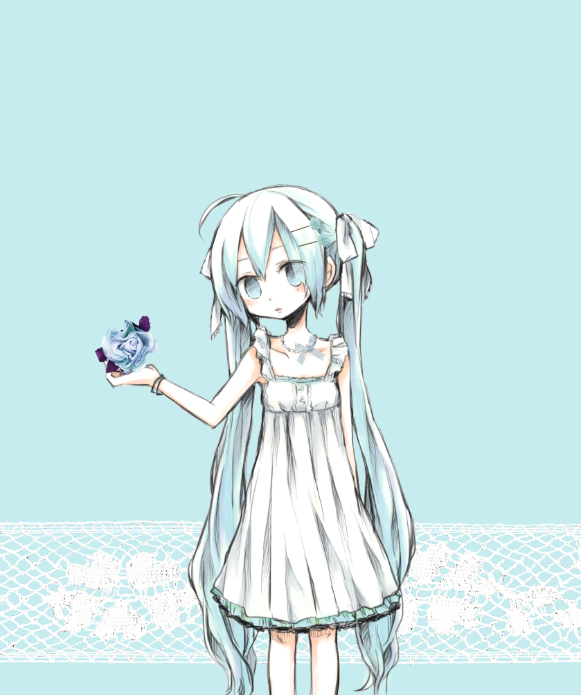 ahoge, aqua_eyes, aqua_hair, bracelet, dress, hair_ornament, hair_ribbon, hairclip