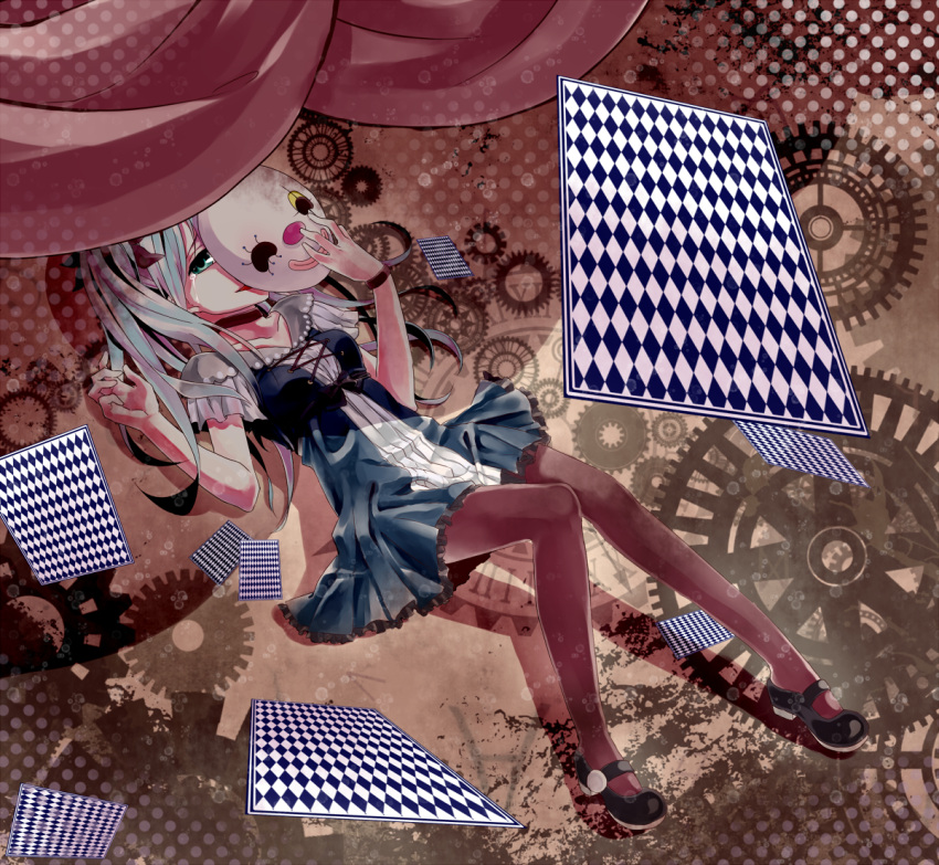 aqua_eyes, aqua_hair, bracelet, card, cards, choker, dress, falling_card