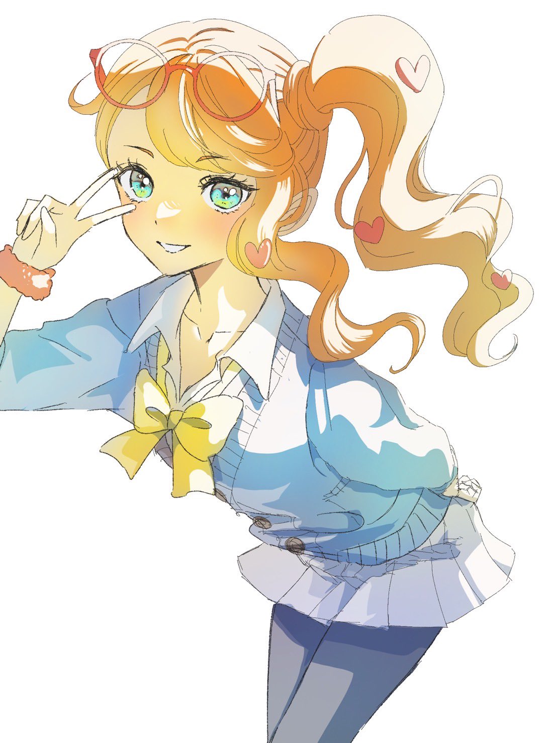 1girl, aqua_eyes, black_pantyhose, blue_cardigan, blush, bow, breasts, cardigan